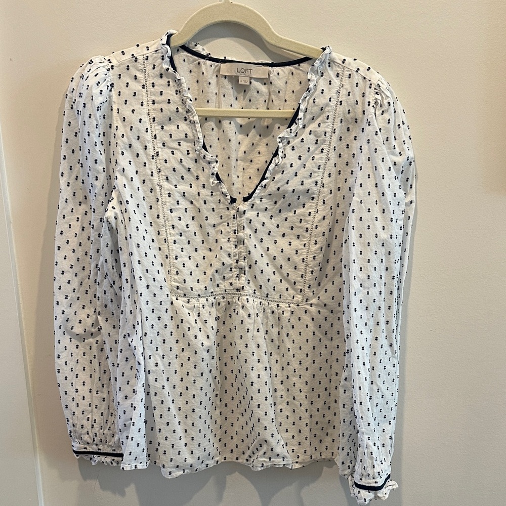 LOFT White and Navy Patterned Blouse
